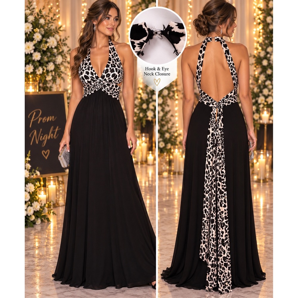 Zum Zum by Niki Livas Animal Print Rhinestone Halter Maxi Dress XS/S Black